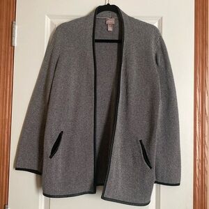 Chico’s open cardigan white and gray tweed with black faux leather trim